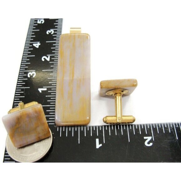 Brown Marble Cufflink & Neck Tie Clip Set Gold Tone Shirt Wedding Tux Vtg - Picture 6 of 8